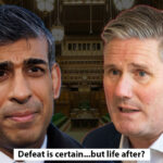 an image of Rishi Sunak and Keir Starmer imposed on a backdrop of the British parliament interior