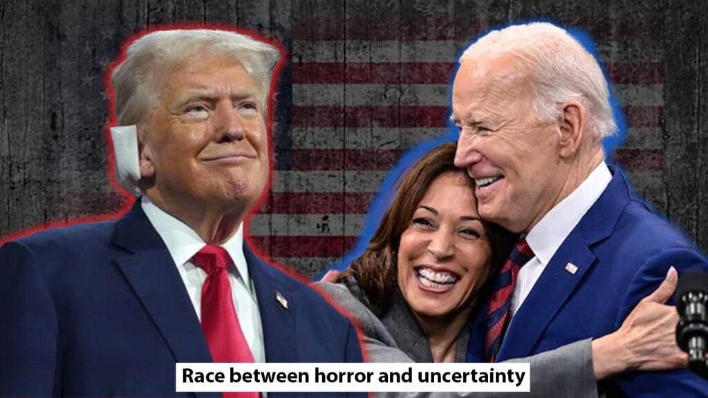 an image of donald trump with a bandaged ear and kamala harris hugging biden