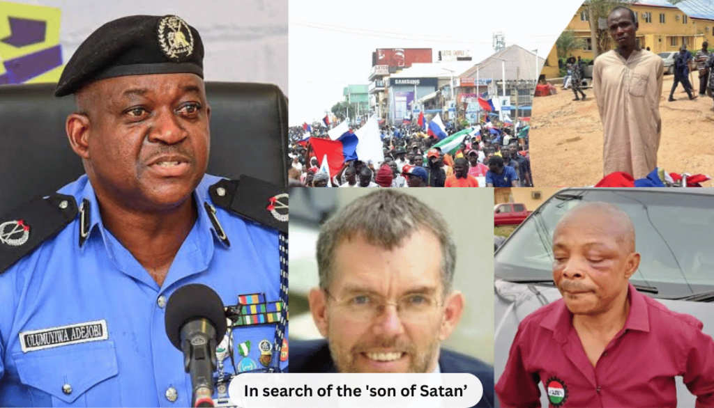 An image mix of Police force PRO Muyiwa, NLC President Ajaero, British national, Andrew Wynne, and some #EndBadGovernance protesters