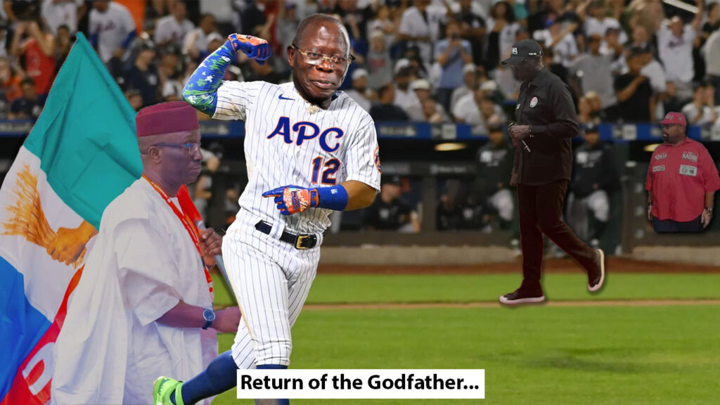 an image of oshiomhole hitting a home-run, with Monday Okpebholo carrying the flag, while Asue Ighodalo and Olumide Akpata lose