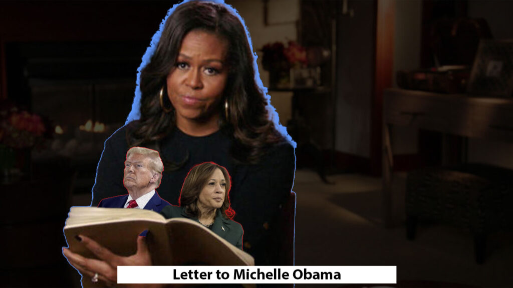 michelle obama reading a letter with the faces of donald trump and kamala harris in it