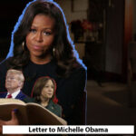 michelle obama reading a letter with the faces of donald trump and kamala harris in it