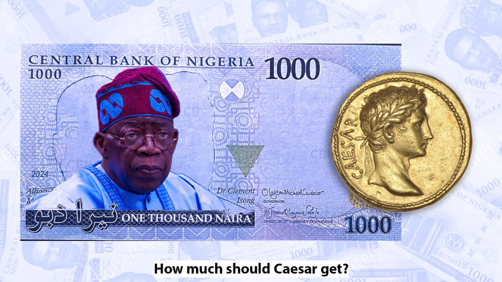 an image of president tinubu as the face of the one thousand naira note with a caesar gold coin by the side