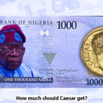 an image of president tinubu as the face of the one thousand naira note with a caesar gold coin by the side