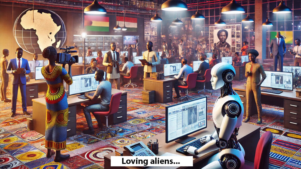 image of a futuristic Nigerian newsroom featuring a robot journalist alongside human journalists in a lively setting enriched with Nigerian cultural elements