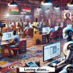 image of a futuristic Nigerian newsroom featuring a robot journalist alongside human journalists in a lively setting enriched with Nigerian cultural elements