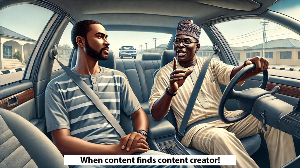 an image of a refined driver with a passenger on a drive. The passenger is in the back seat, seated calmly and listening attentively to the driver, The driver is in the front seat and is telling a story and is gesturing with one hand while driving with the other, and looking forward. They're both male Nigerians.