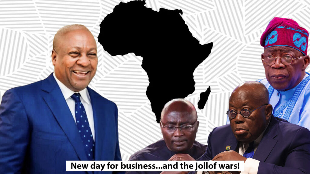 the faces to Ghana's president-elect John, his opponent, and also pictures of Akufo-Addo and Tinubu, against the background of the African map