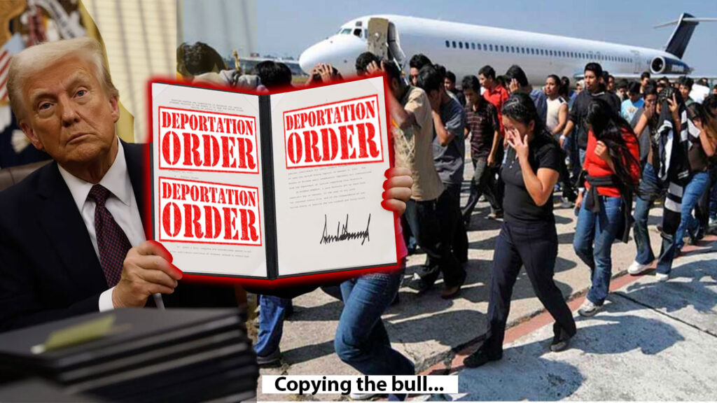 photo of Donald trump with an executive order on deportation, and migrants being deported by an airplane