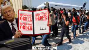 photo of Donald trump with an executive order on deportation, and migrants being deported by an airplane