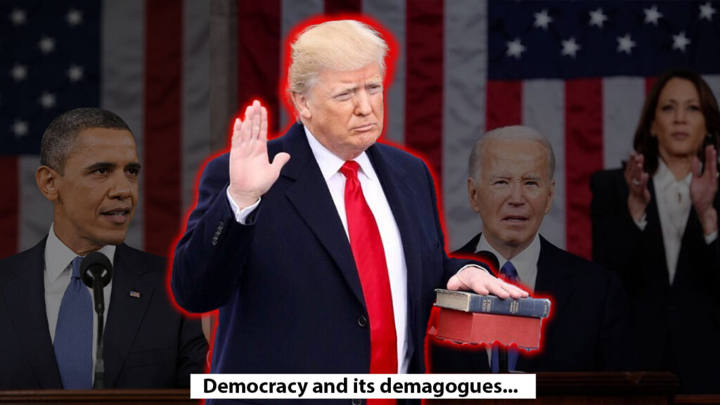 image of biden and obama imposed on with an image of trump swearing-in