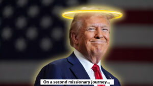 image of donald trump smiling with a halo on his head