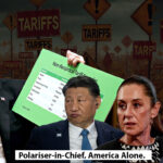 an image of Donald Trump, Xi Jinping, Justin Trudeau and Claudia Sheinbaum Pardo imposed on a background of 'tariffs'