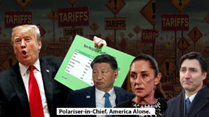 an image of Donald Trump, Xi Jinping, Justin Trudeau and Claudia Sheinbaum Pardo imposed on a background of 'tariffs'